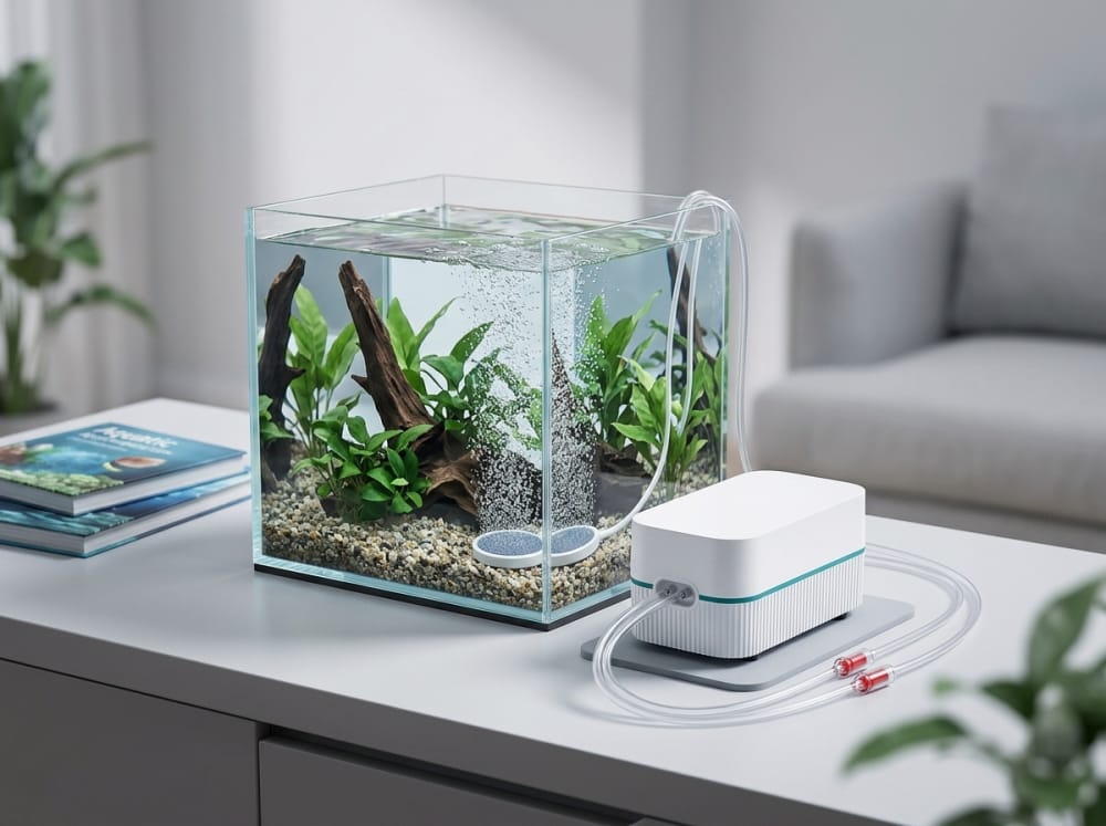 Guía en España para elegir mini bombas de aire silenciosas — supporting aquarium detail