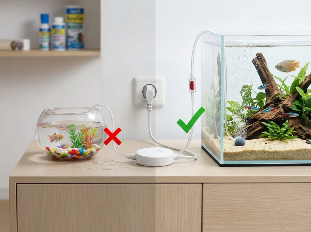 Errores con bombas de aire en acuarios en España — supporting aquarium detail