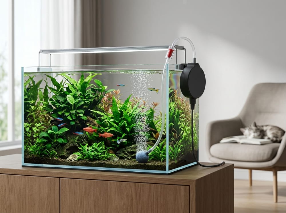 Mini bombas de aire silenciosas en España 2026 — supporting aquarium detail