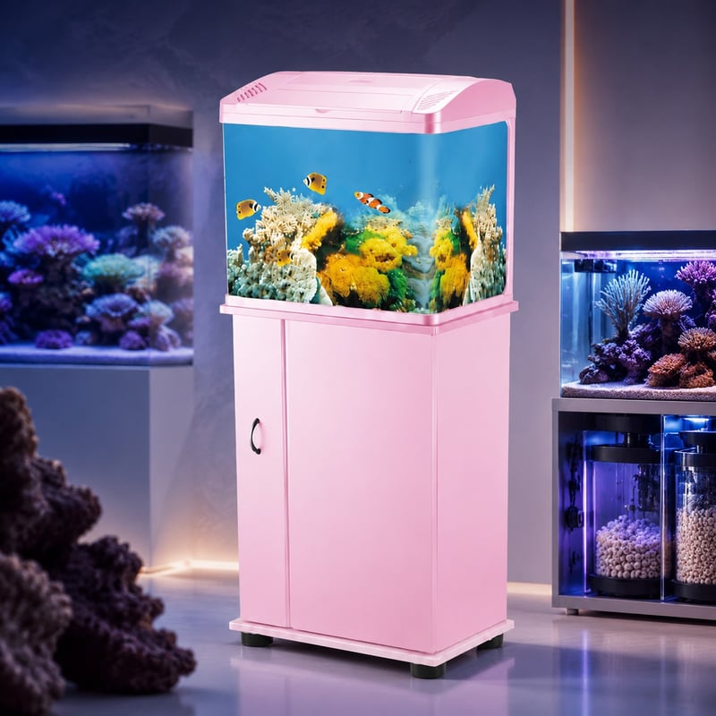 Acuario de vidrio con frente curvo WK047 con mueble y luz LED, modelo WK047, imagen de rendimiento para distribuidores y equipos de compras de acuarios