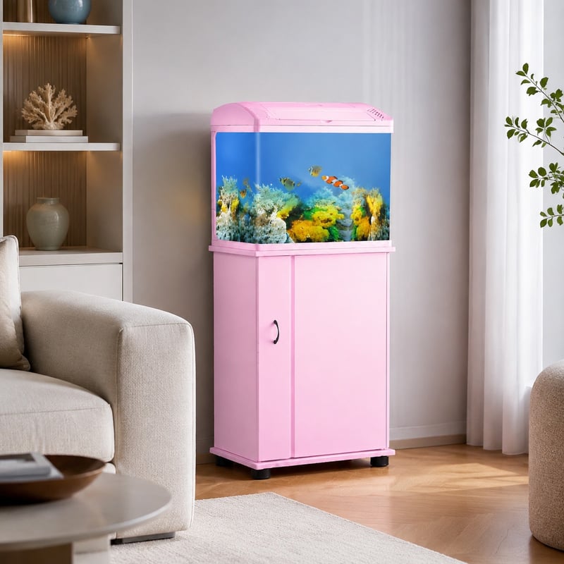 Acuario de vidrio con frente curvo WK047 con mueble y luz LED, modelo WK047, imagen de funciones para distribuidores y equipos de compras de acuarios