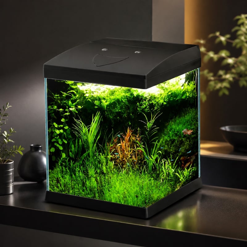 Imagen de funciones del acuario de vidrio mini sin marco WK072 con luz LED, modelo WK072, para distribuidores de acuarios y equipos de aprovisionamiento