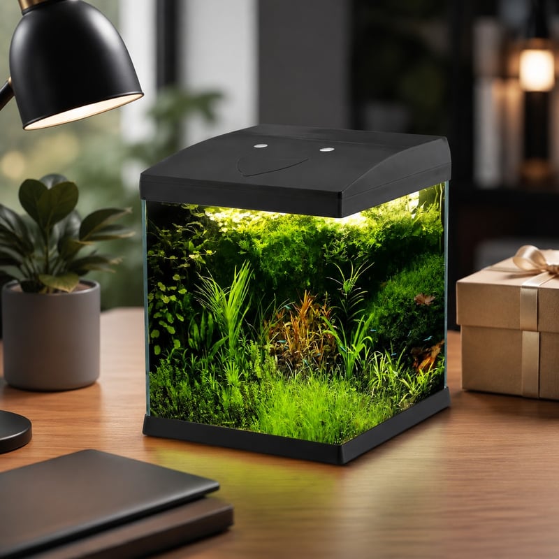 Imagen de ventajas del acuario de vidrio mini sin marco WK072 con luz LED, modelo WK072, para distribuidores de acuarios y equipos de aprovisionamiento
