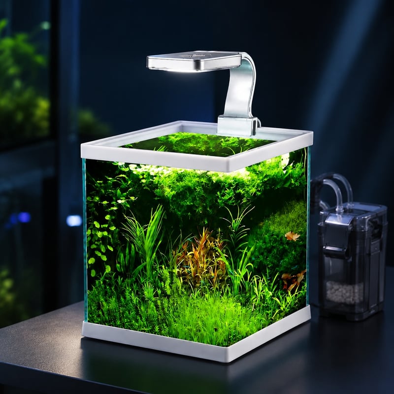 Imagen de rendimiento del modelo WK076 del acuario mini sin marco, abierto por la parte superior, WK076 con luz LED para distribuidores y equipos de aprovisionamiento de acuarios