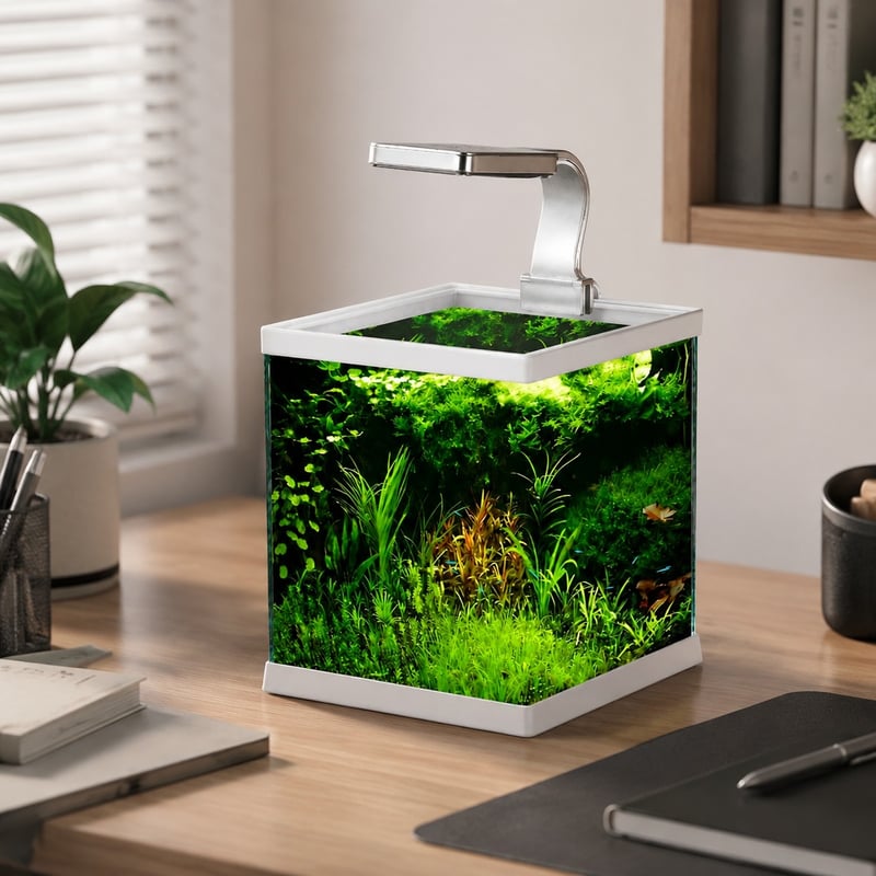 Imagen de funciones del modelo WK076 del acuario mini sin marco, abierto por la parte superior, WK076 con luz LED para distribuidores y equipos de aprovisionamiento de acuarios