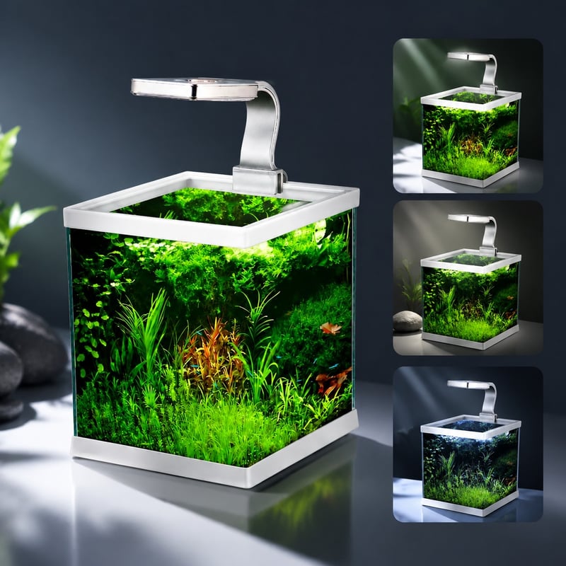 Imagen de ventajas del modelo WK076 del acuario mini sin marco, abierto por la parte superior, WK076 con luz LED para distribuidores y equipos de aprovisionamiento de acuarios
