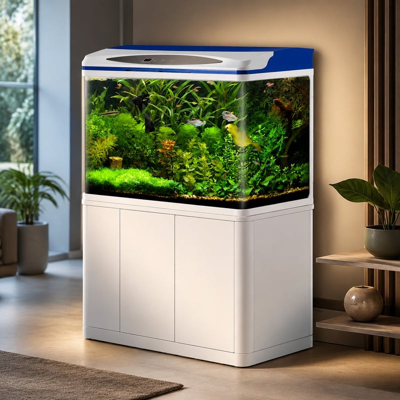 Acuario de cristal para peces WK097 con luz LED, modelo WK097, imagen de rendimiento para distribuidores y equipos de compras de acuarios