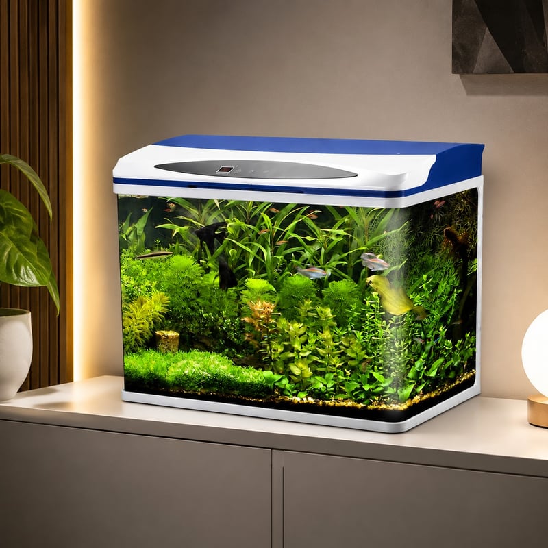 Acuario de cristal para peces WK097 con luz LED, modelo WK097, imagen de funciones para distribuidores y equipos de compras de acuarios