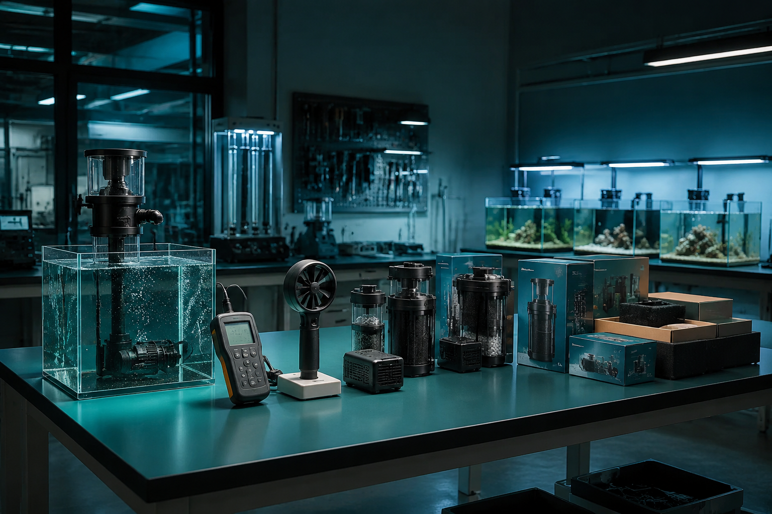 Zona de inspección y pruebas de calidad de la fábrica de WKAQOO para el control de la fabricación de equipos para acuarios destinados a compradores mayoristas, OEM y distribuidores de productos para acuarios