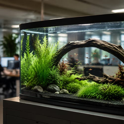 Escena de exhibición de acuario plantado con madera flotante de WKAQOO para la revisión de decoración de acuarios y comercialización de estilo de vida, para compradores mayoristas, OEM y distribuidores de acuarios