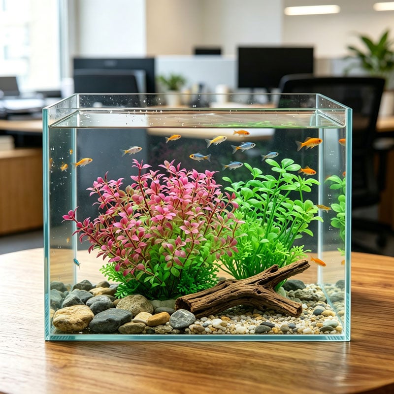 Exposición de plantas acuáticas y surtido de madera flotante de WKAQOO para la revisión por parte de distribuidores de decoración para acuarios, dirigida a compradores mayoristas, OEM y distribuidores de acuarios
