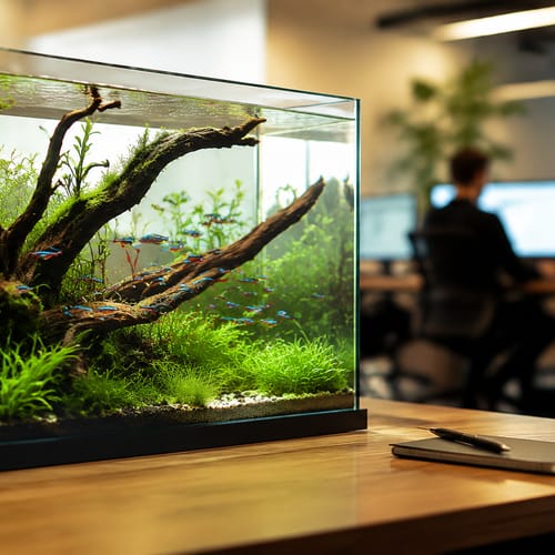 Exhibición de estilo de vida para acuarios de WKAQOO con madera flotante y plantas, para la presentación de gamas de acuarios B2B, dirigida a compradores mayoristas, OEM y distribuidores de acuarios