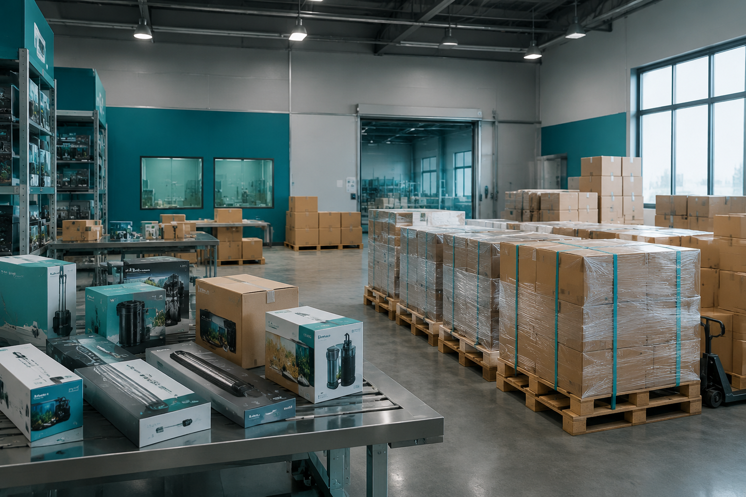 Área de embalaje y preparación de entregas de la fábrica de WKAQOO para la coordinación de exportaciones de pedidos OEM de productos para acuarios destinados a compradores mayoristas, OEM y distribuidores de productos para acuarios